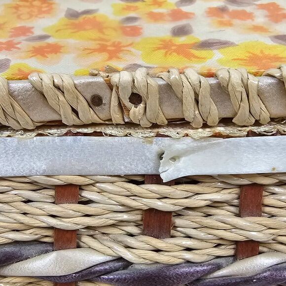 Sewing Notions Box Craft Basket Vintage Woven Wicker Floral Retro Mid Century - Picture 7 of 15